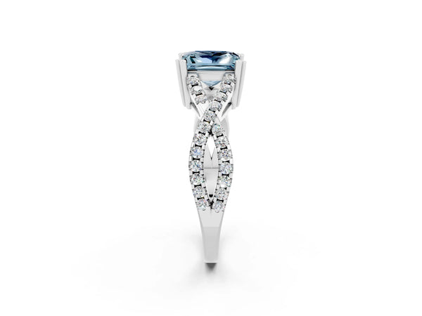 Platinum Princess Cut Aquamarine Solitaire Ring with Four-Prong Setting and Twisted Pavé Band