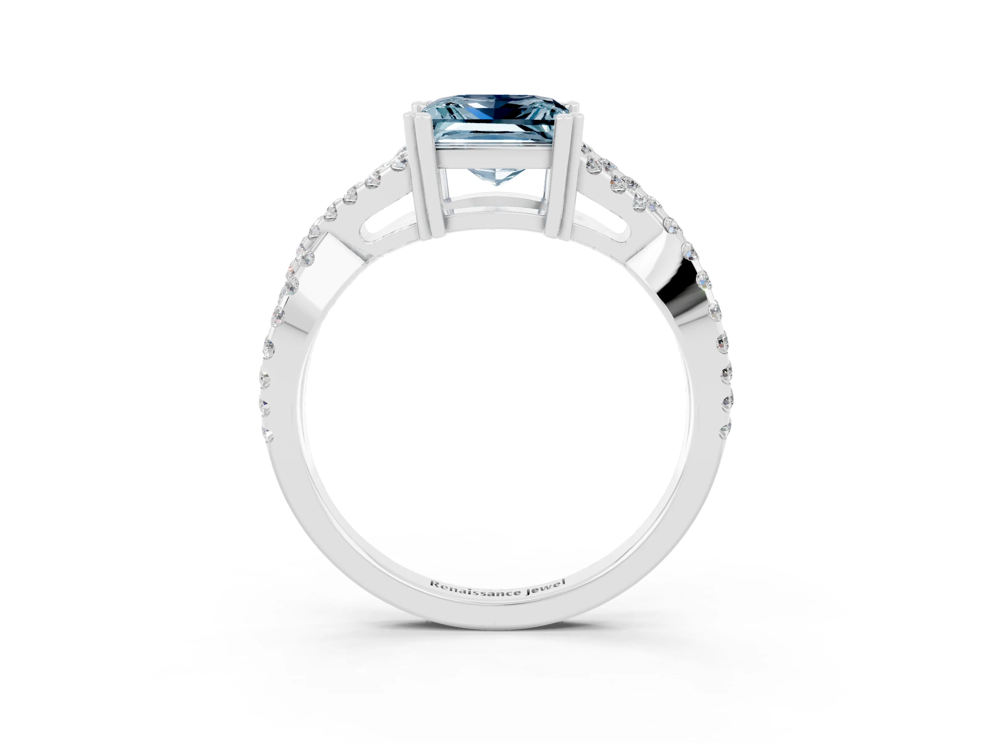 White gold Princess Cut Aquamarine Solitaire Ring with Four-Prong Setting and Twisted Pavé Band_3