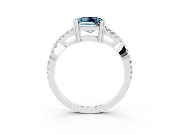 Silver Princess Cut Aquamarine Solitaire Ring with Four-Prong Setting and Twisted Pavé Band