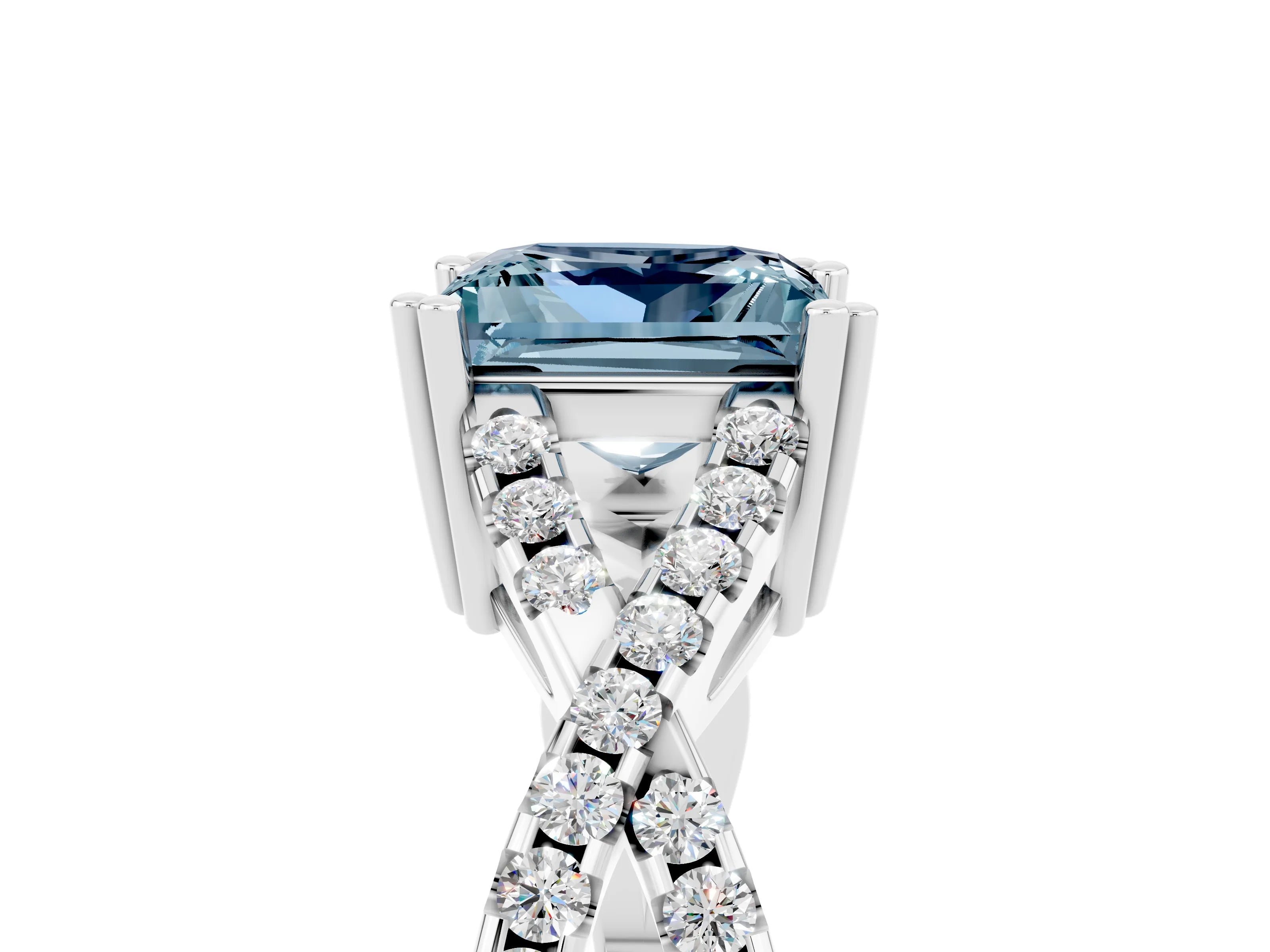 White gold Princess Cut Aquamarine Solitaire Ring with Four-Prong Setting and Twisted Pavé Band_5