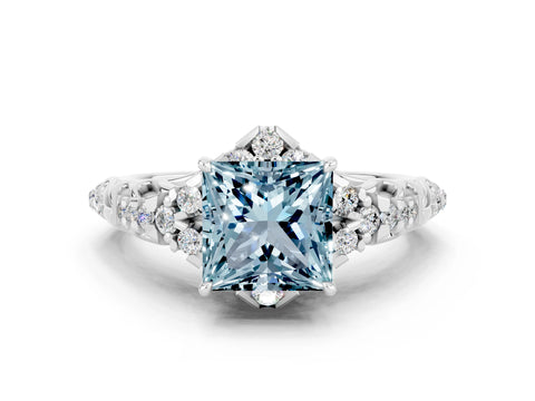 White gold Princess Cut Aquamarine Solitaire Ring with Hidden Halo and Pavé Band_30