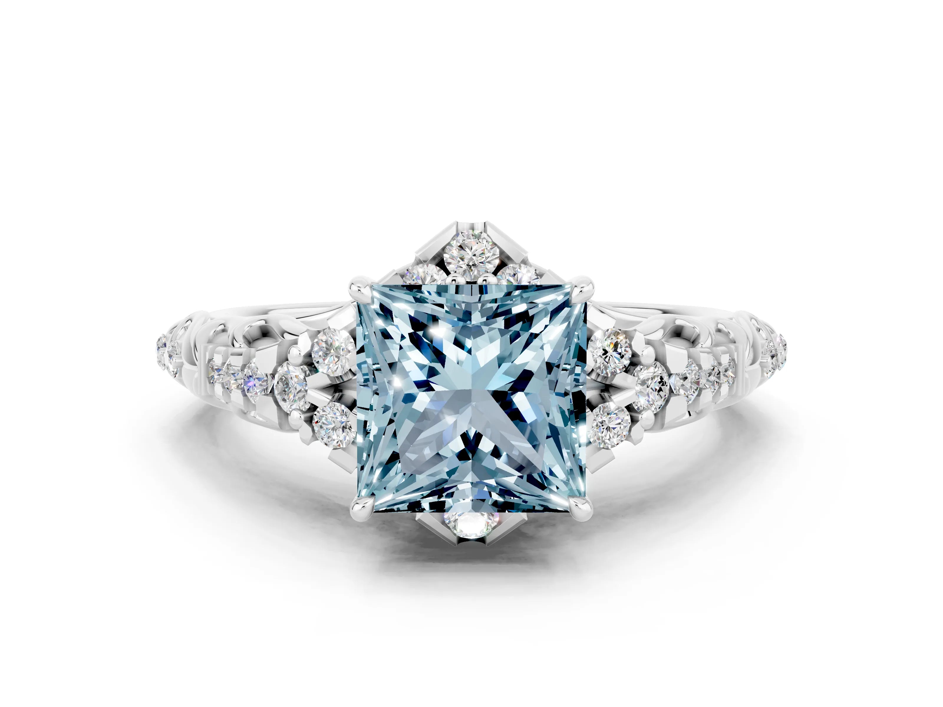 White gold Princess Cut Aquamarine Solitaire Ring with Hidden Halo and Pavé Band_31