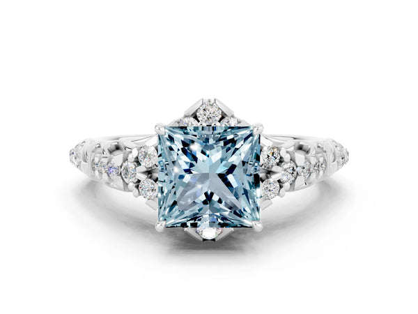 Platinum Princess Cut Aquamarine Solitaire Ring with Hidden Halo and Pavé Band
