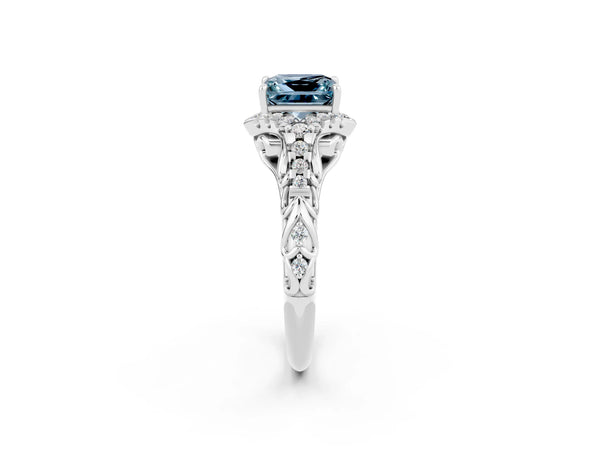 Silver Princess Cut Aquamarine Solitaire Ring with Hidden Halo and Pavé Band