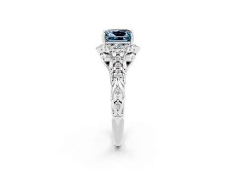 White gold Princess Cut Aquamarine Solitaire Ring with Hidden Halo and Pavé Band_32