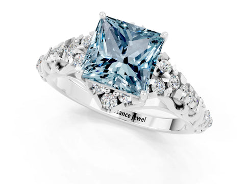 White gold Princess Cut Aquamarine Solitaire Ring with Hidden Halo and Pavé Band_32