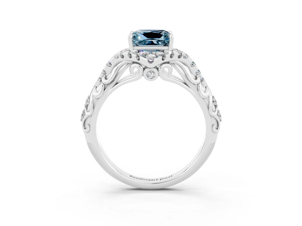 Silver Princess Cut Aquamarine Solitaire Ring with Hidden Halo and Pavé Band