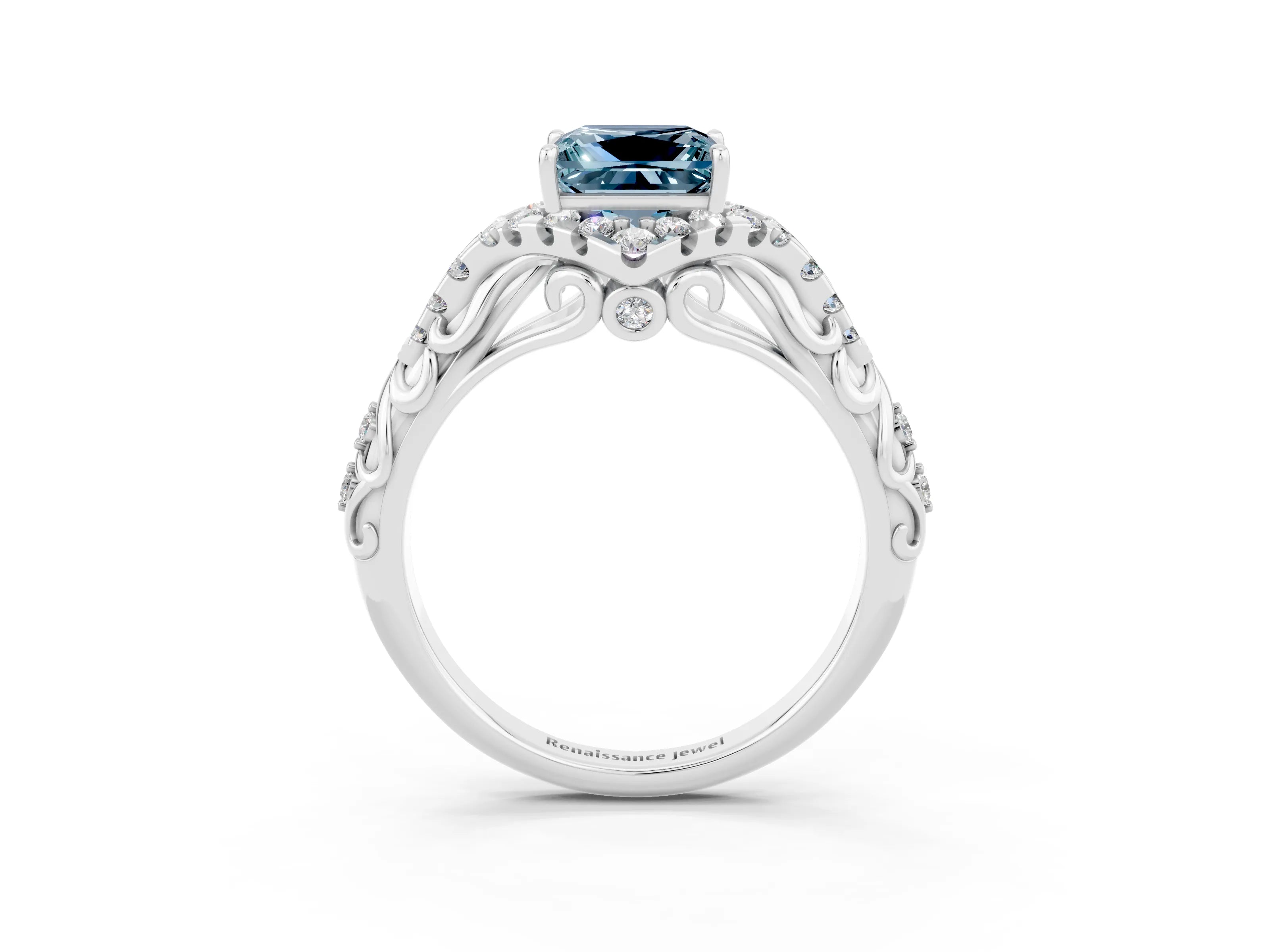 White gold Princess Cut Aquamarine Solitaire Ring with Hidden Halo and Pavé Band_34