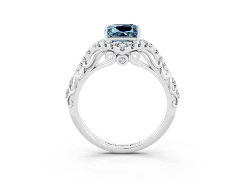 White gold Princess Cut Aquamarine Solitaire Ring with Hidden Halo and Pavé Band_34