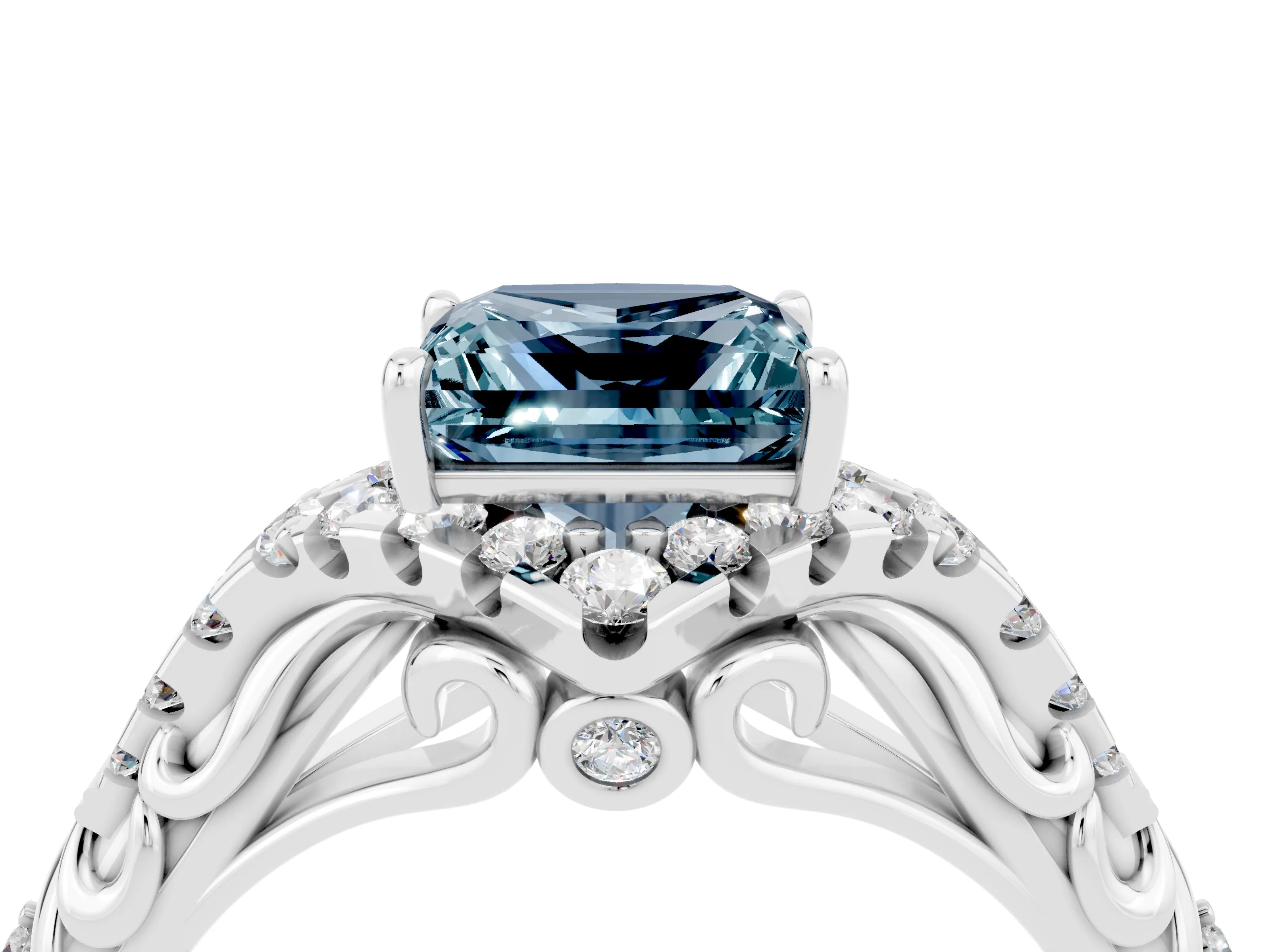 White gold Princess Cut Aquamarine Solitaire Ring with Hidden Halo and Pavé Band_35