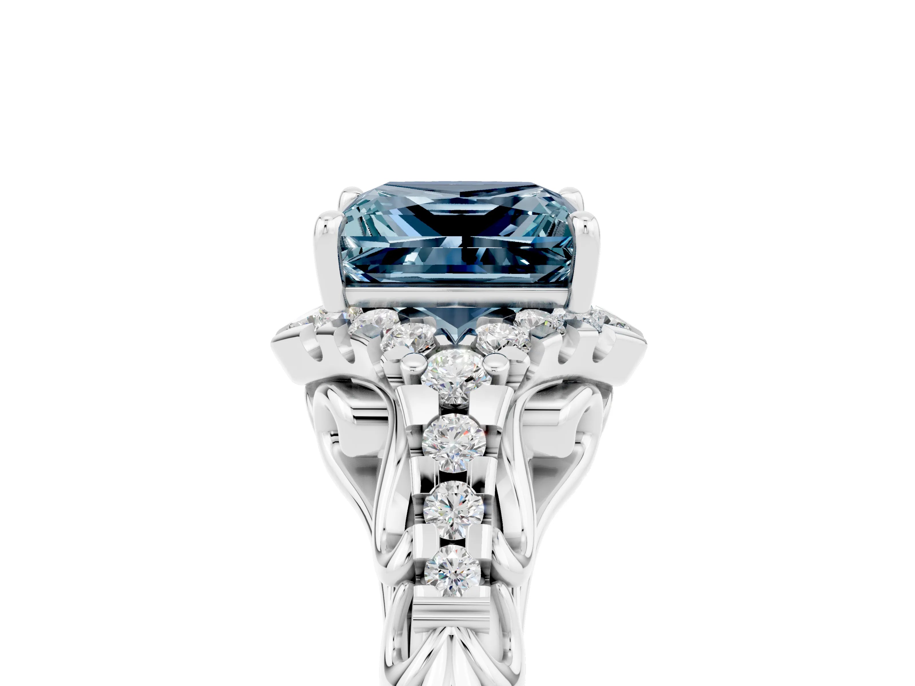 White gold Princess Cut Aquamarine Solitaire Ring with Hidden Halo and Pavé Band_36