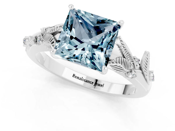 White gold Princess Cut Aquamarine Solitaire Ring with Leaf Motif Band and Four-Prong Setting