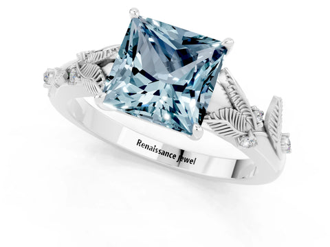 White gold Princess Cut Aquamarine Solitaire Ring with Leaf Motif Band and Four-Prong Setting_13