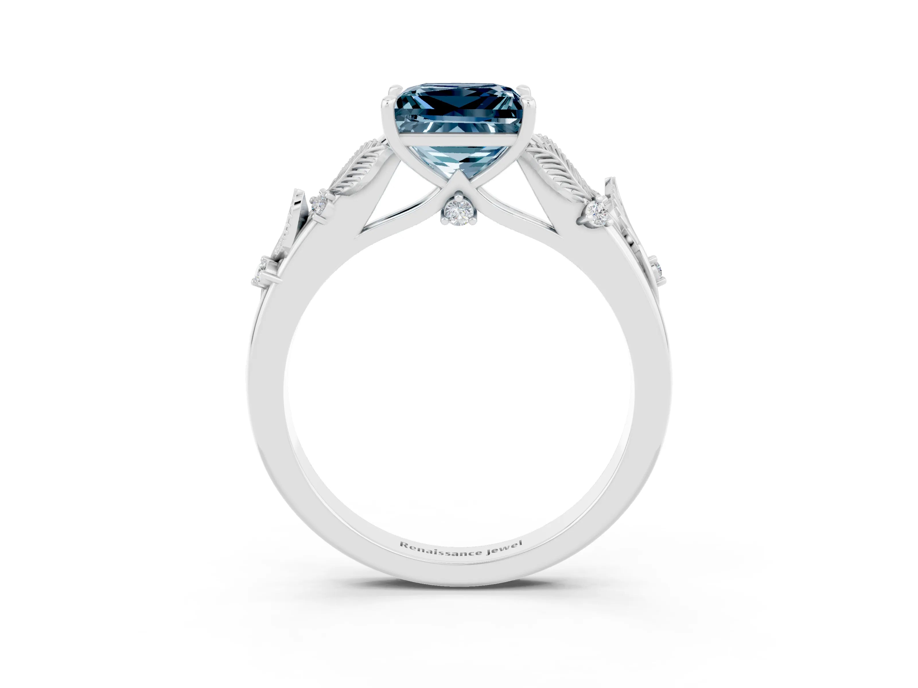 White gold Princess Cut Aquamarine Solitaire Ring with Leaf Motif Band and Four-Prong Setting_15
