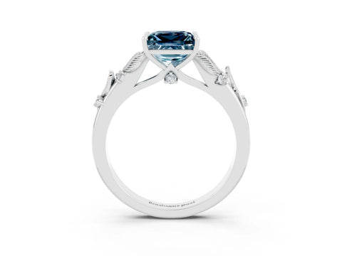 White gold Princess Cut Aquamarine Solitaire Ring with Leaf Motif Band and Four-Prong Setting_15