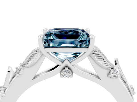 White gold Princess Cut Aquamarine Solitaire Ring with Leaf Motif Band and Four-Prong Setting_4