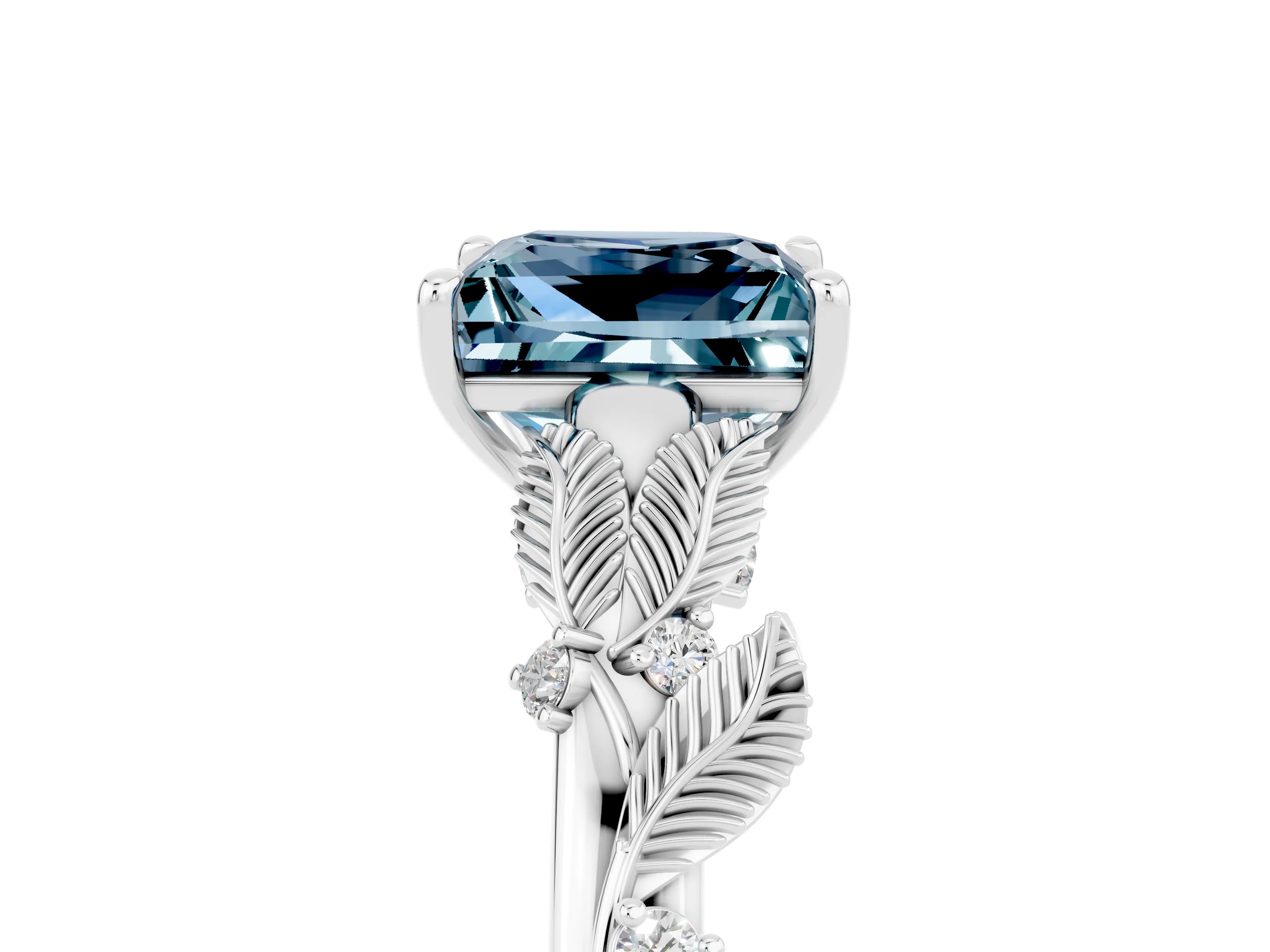 White gold Princess Cut Aquamarine Solitaire Ring with Leaf Motif Band and Four-Prong Setting_5