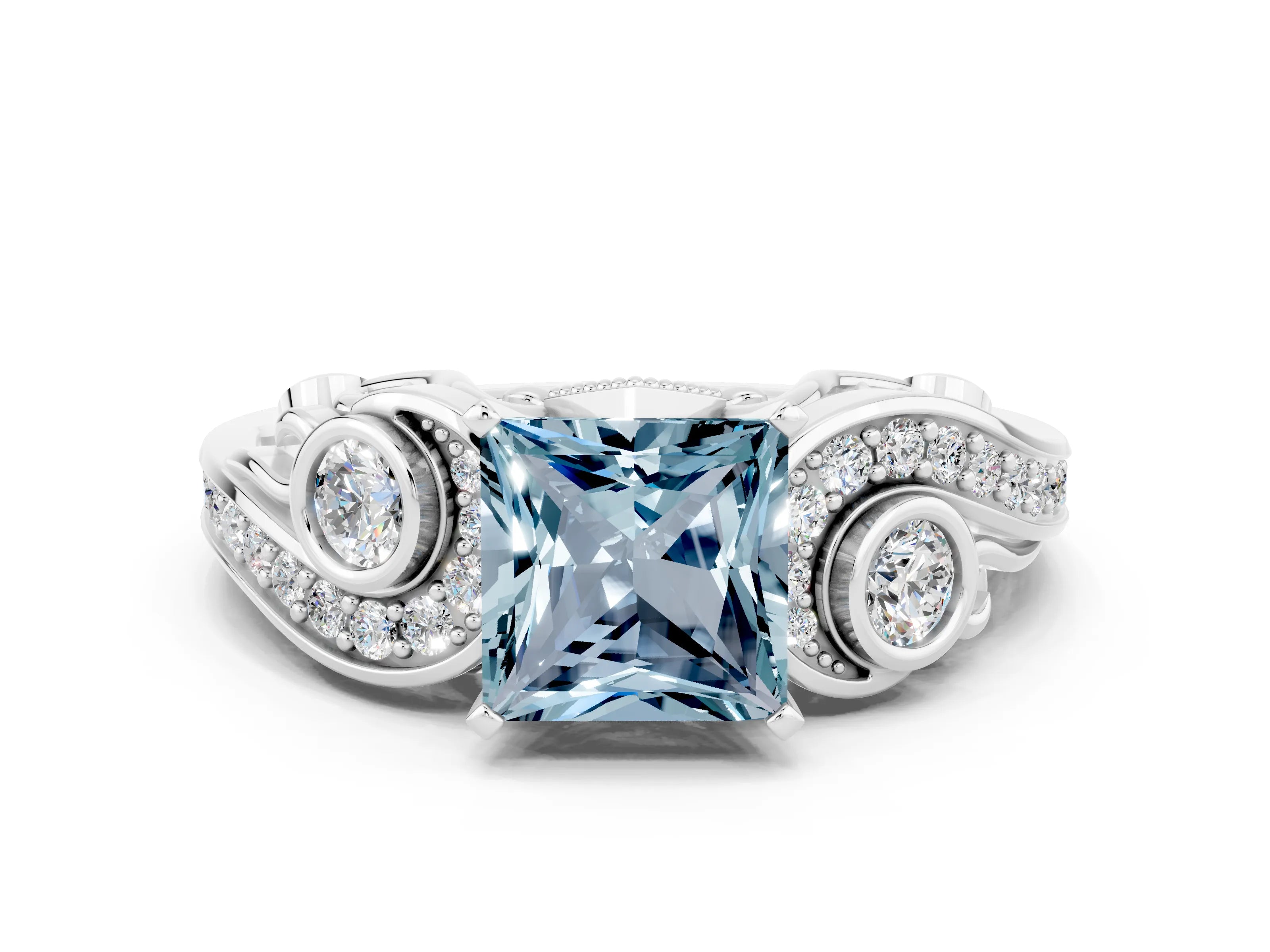 White gold Princess Cut Aquamarine Solitaire Ring with Milgrain Pavé Band and Four-Prong Setting_12