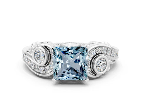White gold Princess Cut Aquamarine Solitaire Ring with Milgrain Pavé Band and Four-Prong Setting_12
