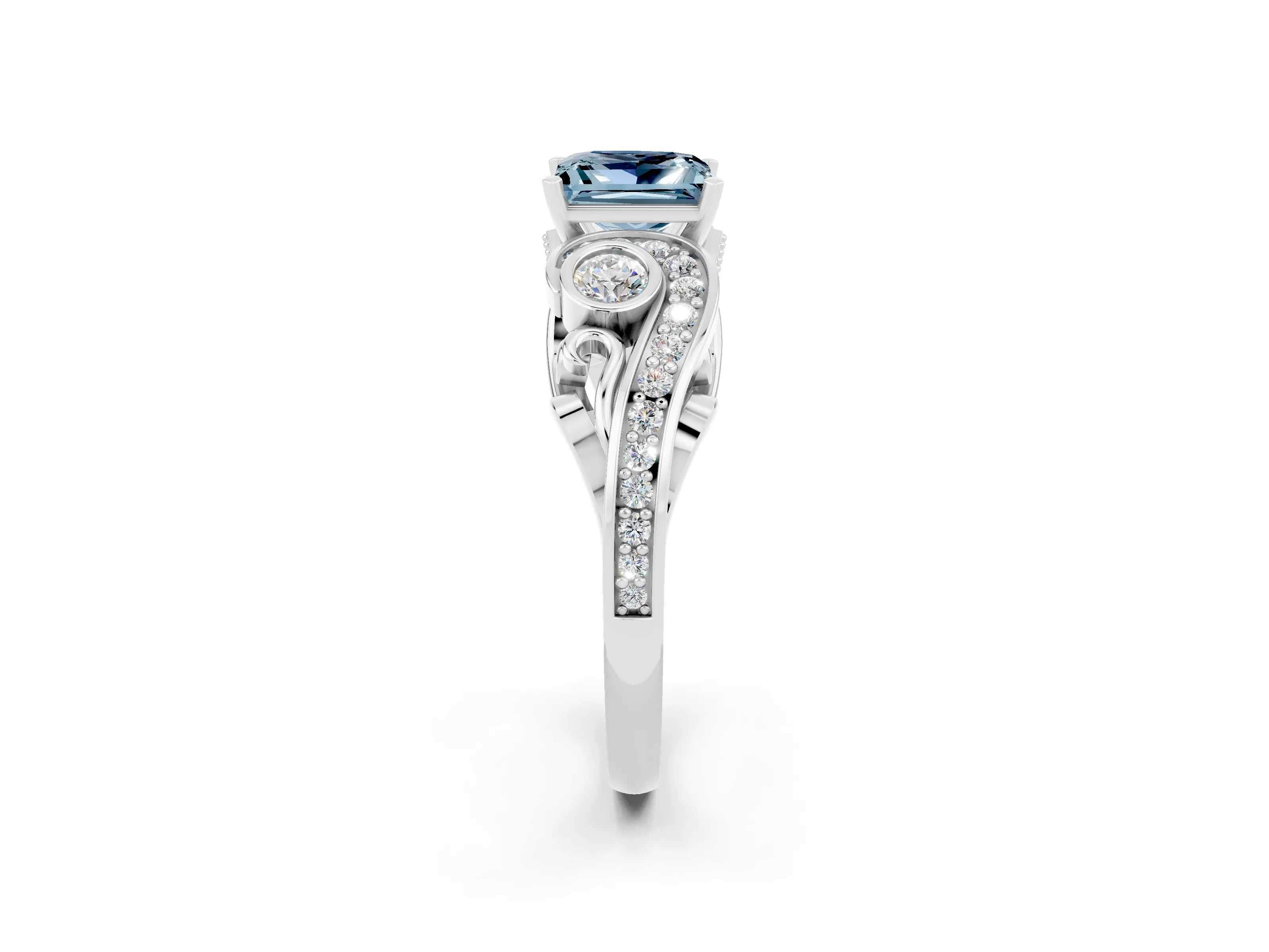 White gold Princess Cut Aquamarine Solitaire Ring with Milgrain Pavé Band and Four-Prong Setting_14