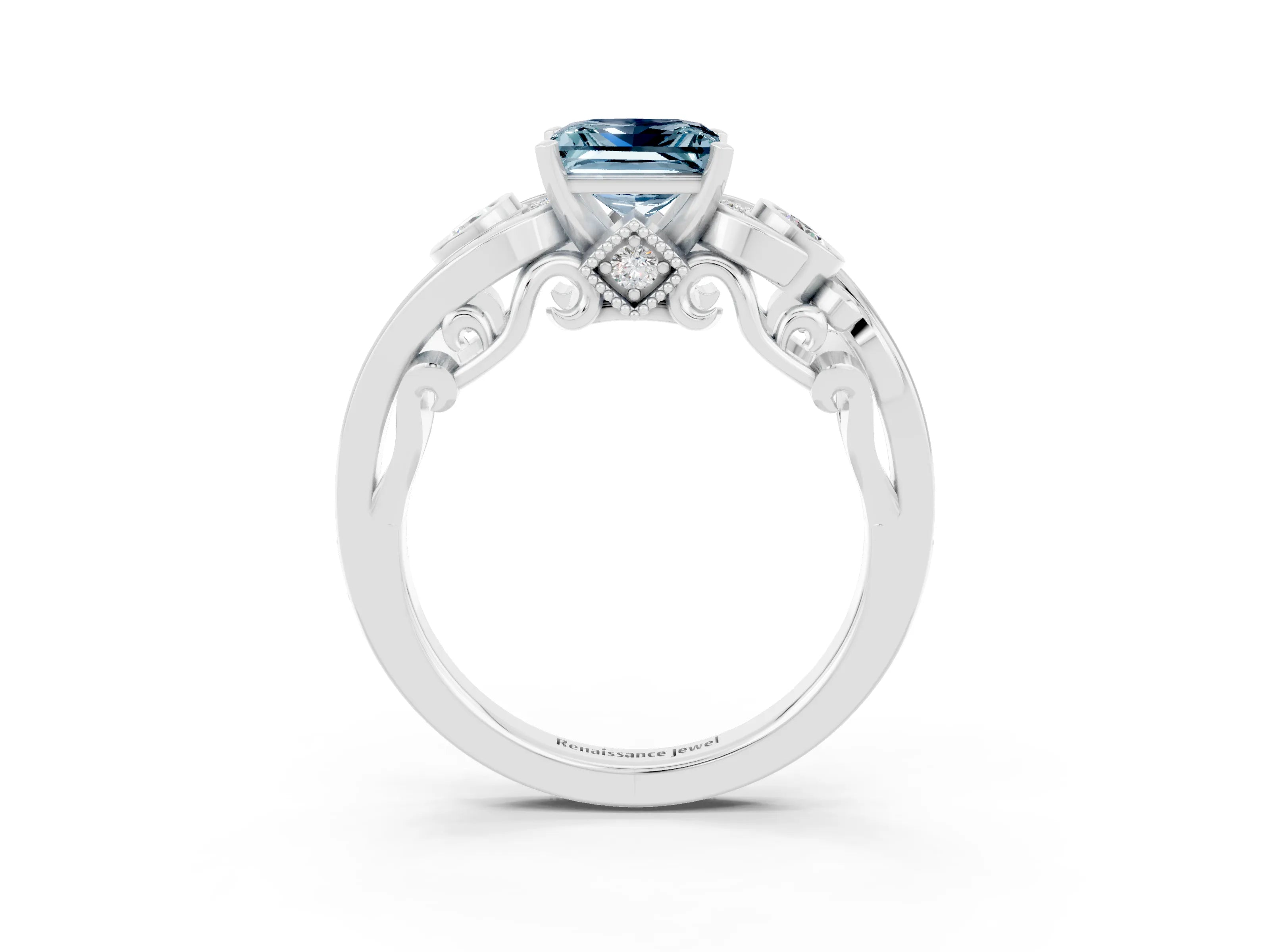 White gold Princess Cut Aquamarine Solitaire Ring with Milgrain Pavé Band and Four-Prong Setting_15
