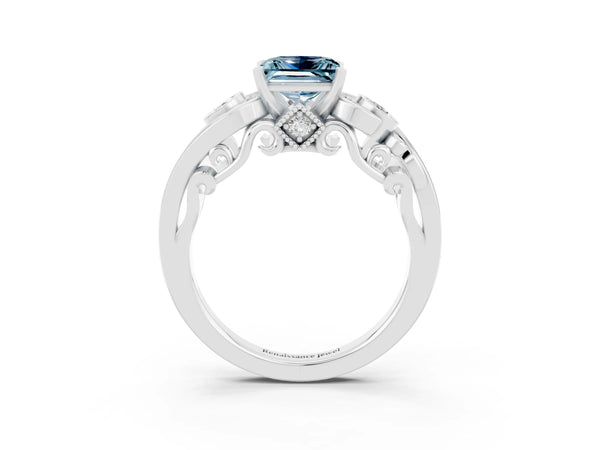 Silver Princess Cut Aquamarine Solitaire Ring with Milgrain Pavé Band and Four-Prong Setting