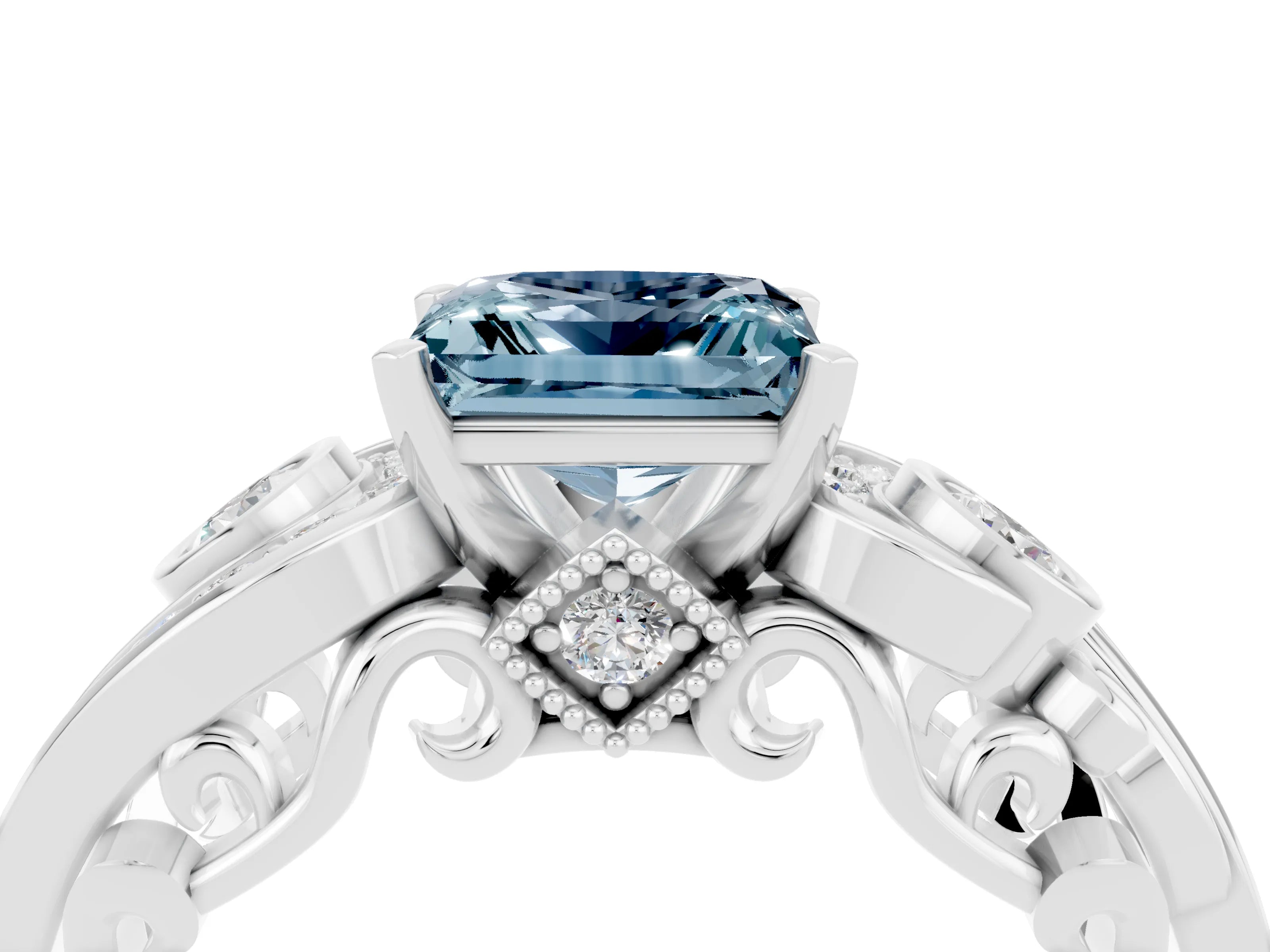 White gold Princess Cut Aquamarine Solitaire Ring with Milgrain Pavé Band and Four-Prong Setting_16