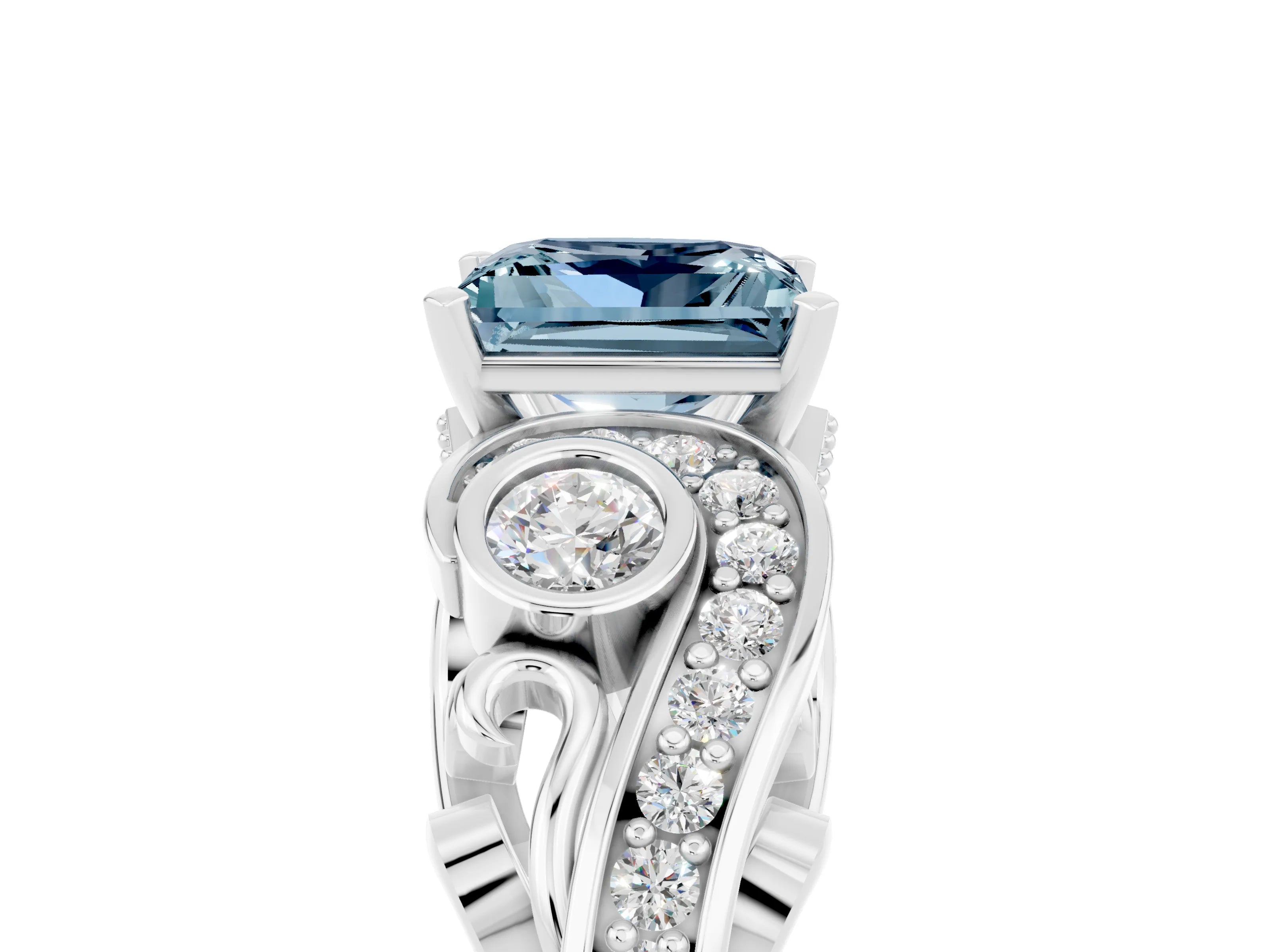 White gold Princess Cut Aquamarine Solitaire Ring with Milgrain Pavé Band and Four-Prong Setting_17