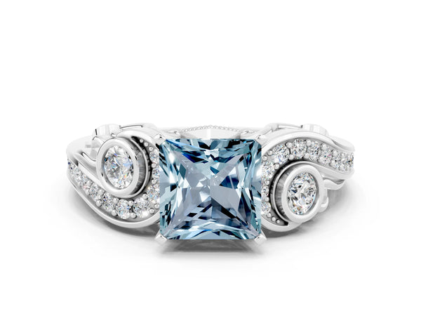 White gold Princess Cut Aquamarine Solitaire Ring with Milgrain Pavé Band and Four-Prong Setting