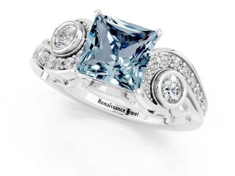 White gold Princess Cut Aquamarine Solitaire Ring with Milgrain Pavé Band and Four-Prong Setting_49