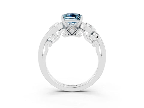 White gold Princess Cut Aquamarine Solitaire Ring with Milgrain Pavé Band and Four-Prong Setting_51