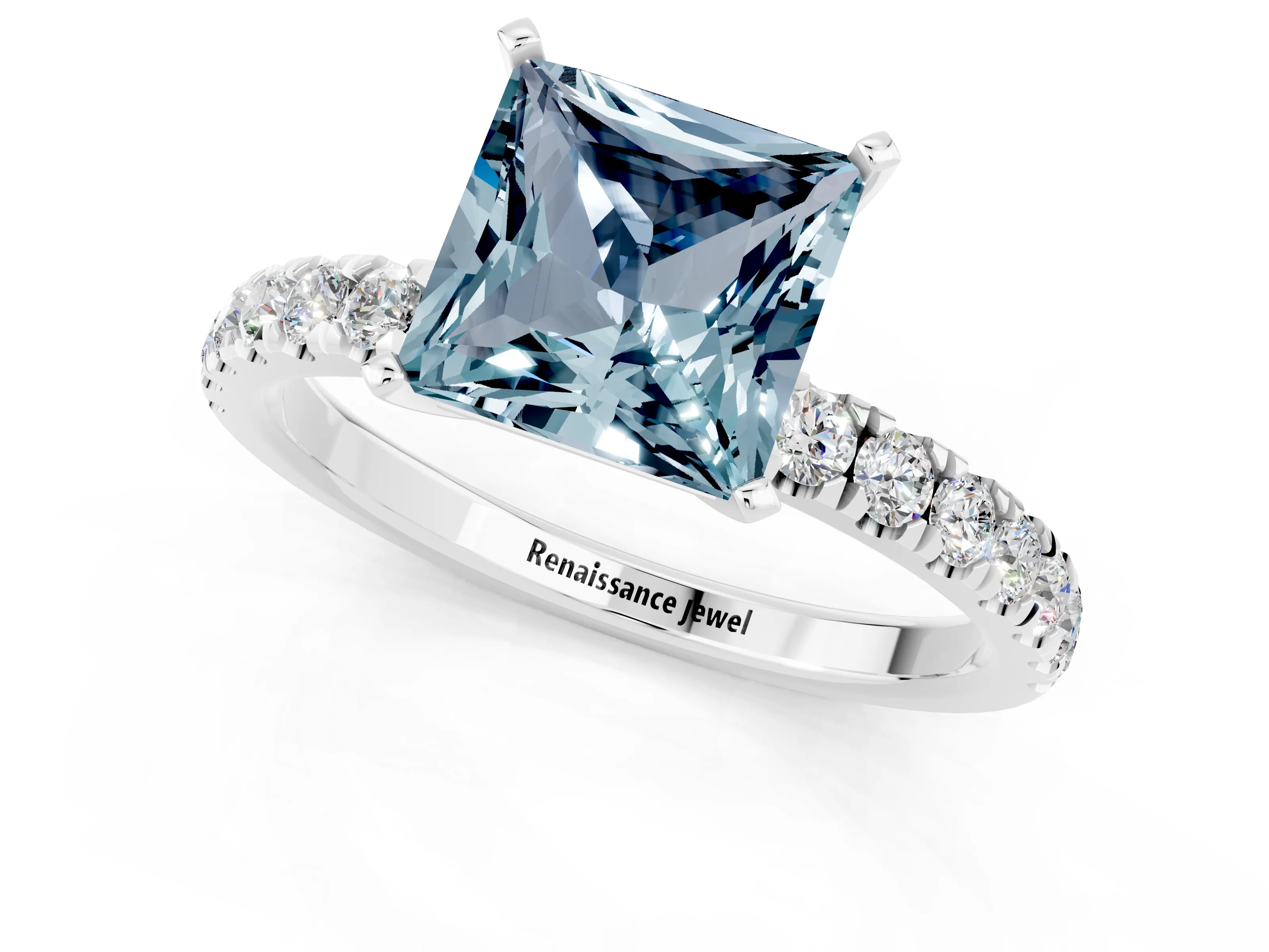White gold Princess Cut Aquamarine Solitaire Ring with Pavé Accents and Four-Prong Setting_1