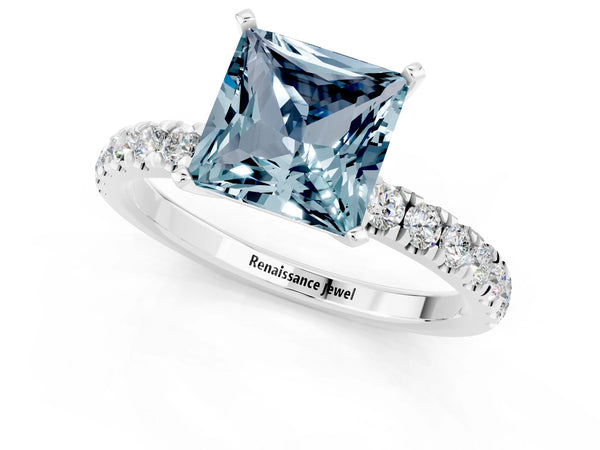 Platinum Princess Cut Aquamarine Solitaire Ring with Pavé Accents and Four-Prong Setting