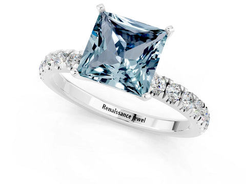 White gold Princess Cut Aquamarine Solitaire Ring with Pavé Accents and Four-Prong Setting_1