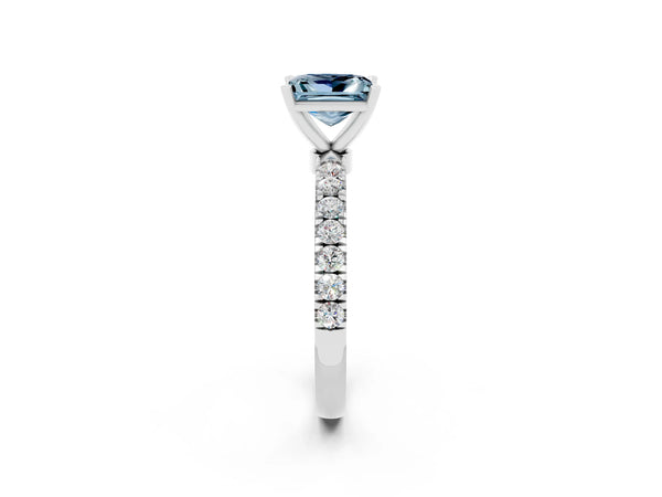 White gold Princess Cut Aquamarine Solitaire Ring with Pavé Accents and Four-Prong Setting