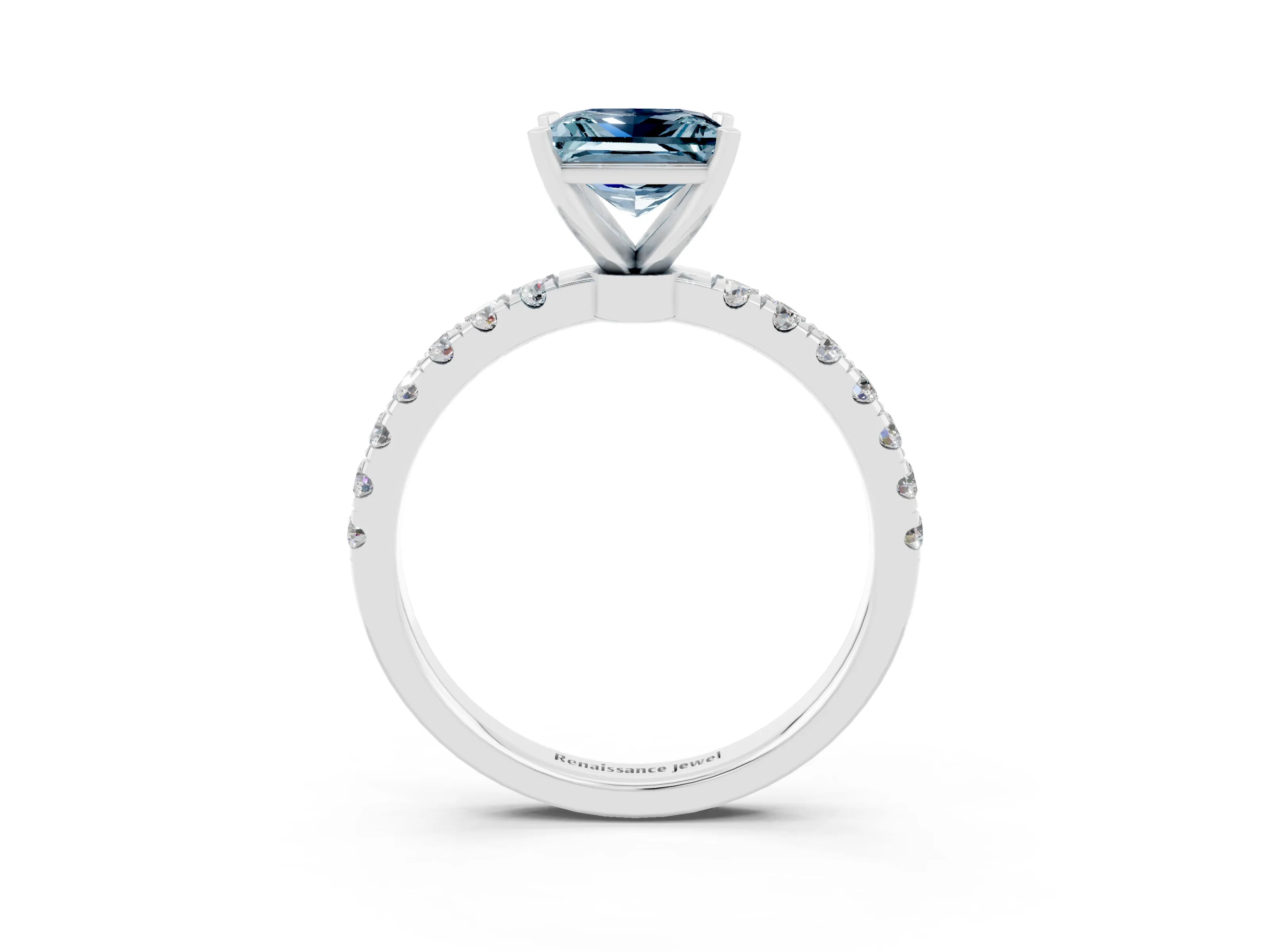 White gold Princess Cut Aquamarine Solitaire Ring with Pavé Accents and Four-Prong Setting_3