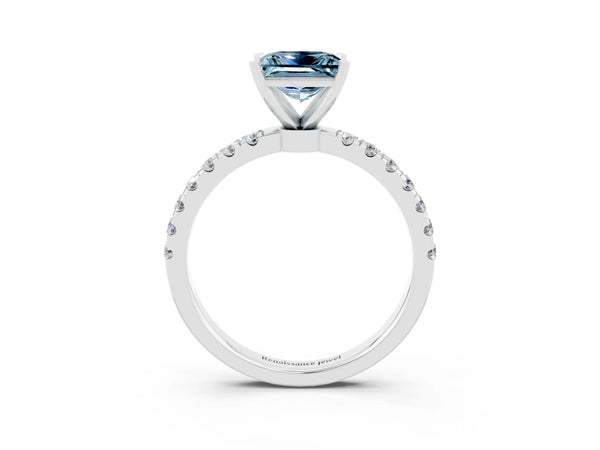 Platinum Princess Cut Aquamarine Solitaire Ring with Pavé Accents and Four-Prong Setting