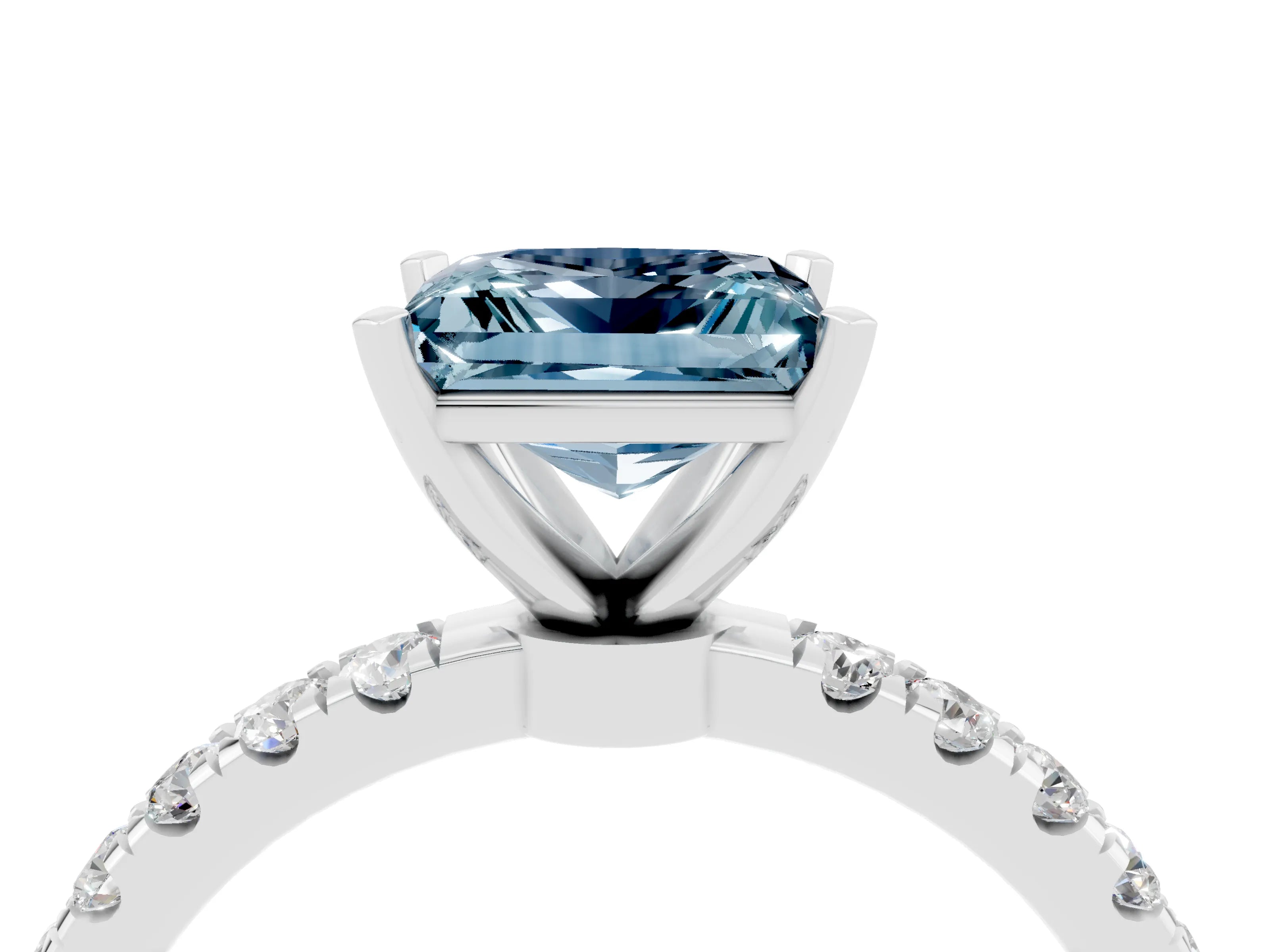 White gold Princess Cut Aquamarine Solitaire Ring with Pavé Accents and Four-Prong Setting_4