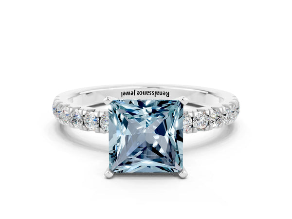White gold Princess Cut Aquamarine Solitaire Ring with Pavé Accents and Four-Prong Setting