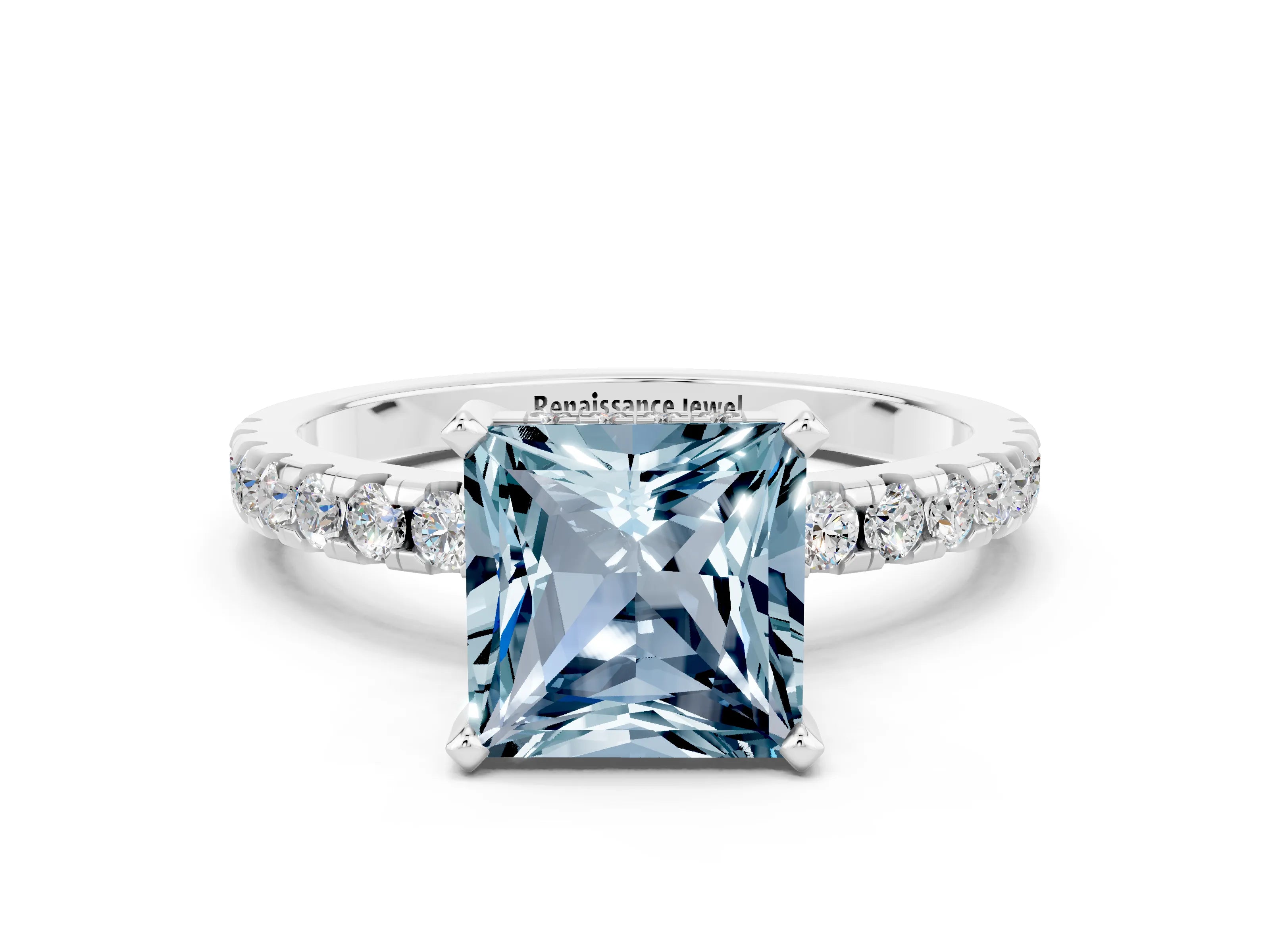 White gold Princess Cut Aquamarine Solitaire Ring with Pavé Band and Four-Prong Setting_24