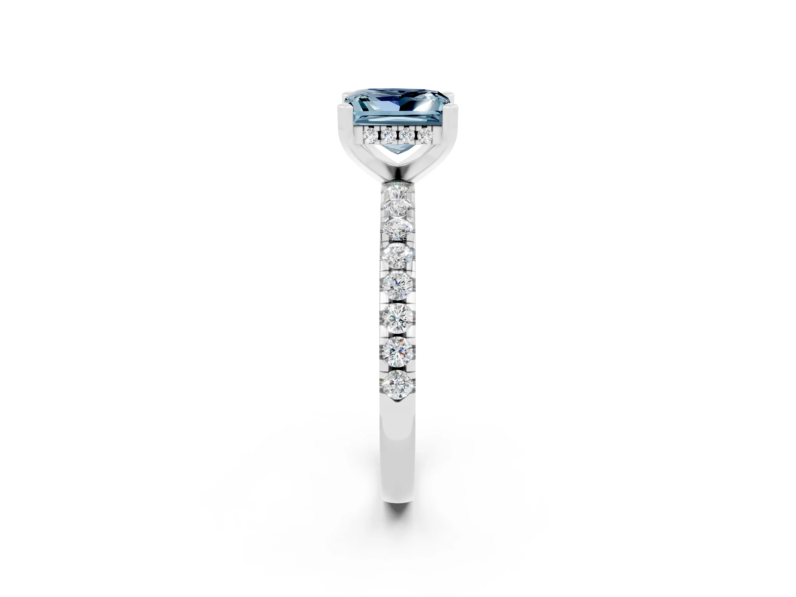 White gold Princess Cut Aquamarine Solitaire Ring with Pavé Band and Four-Prong Setting_26