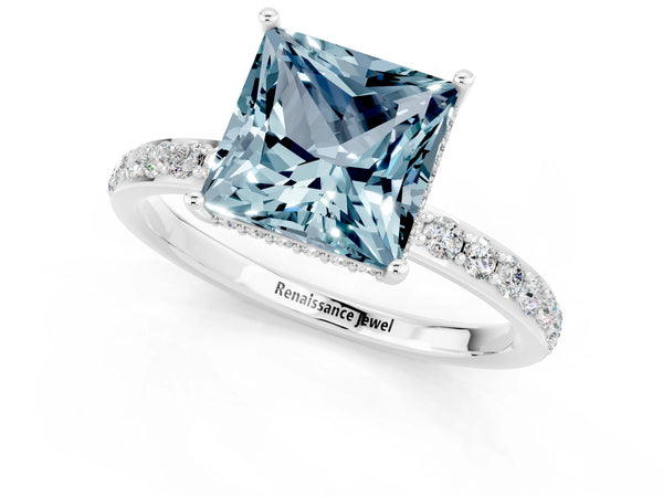 Silver Princess Cut Aquamarine Solitaire Ring with Pavé Band and Hidden Halo