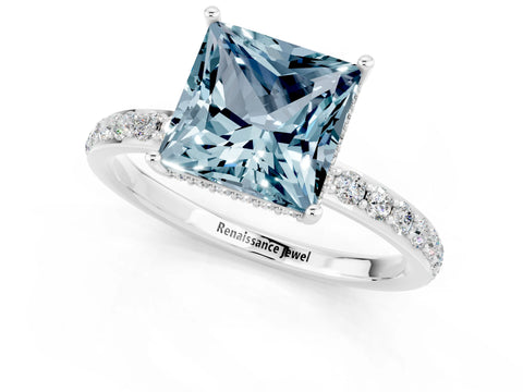 White gold Princess Cut Aquamarine Solitaire Ring with Pavé Band and Hidden Halo_1