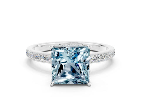 White gold Princess Cut Aquamarine Solitaire Ring with Pavé Band and Hidden Halo_24