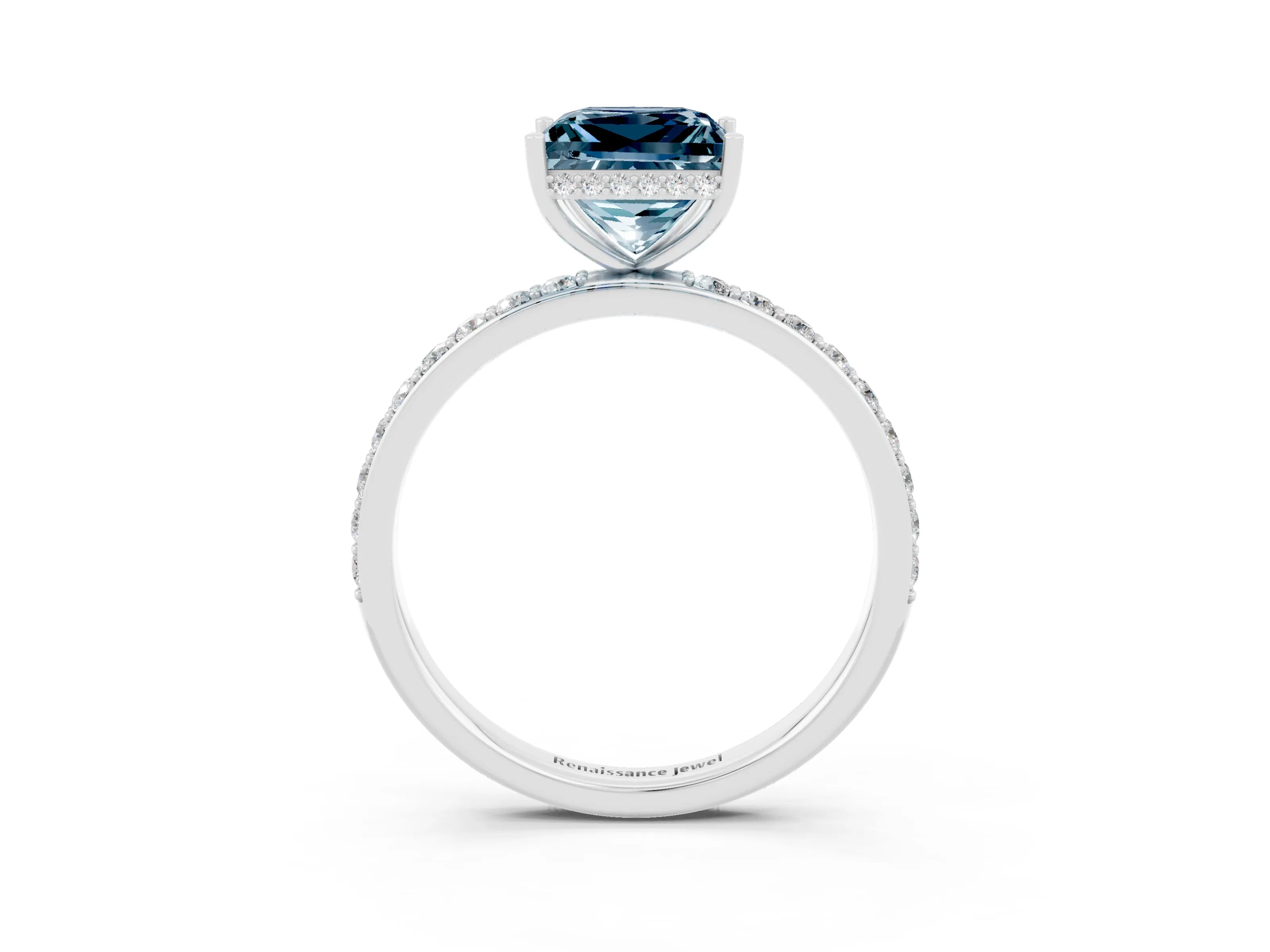 White gold Princess Cut Aquamarine Solitaire Ring with Pavé Band and Hidden Halo_27