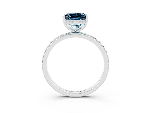 White gold Princess Cut Aquamarine Solitaire Ring with Pavé Band and Hidden Halo