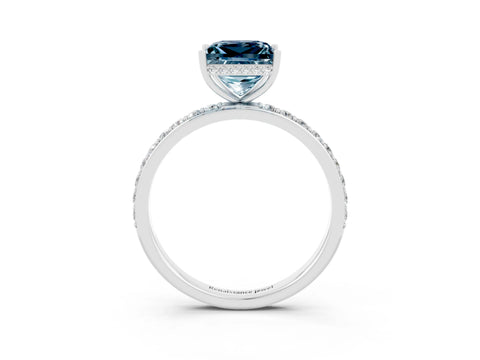 White gold Princess Cut Aquamarine Solitaire Ring with Pavé Band and Hidden Halo_3