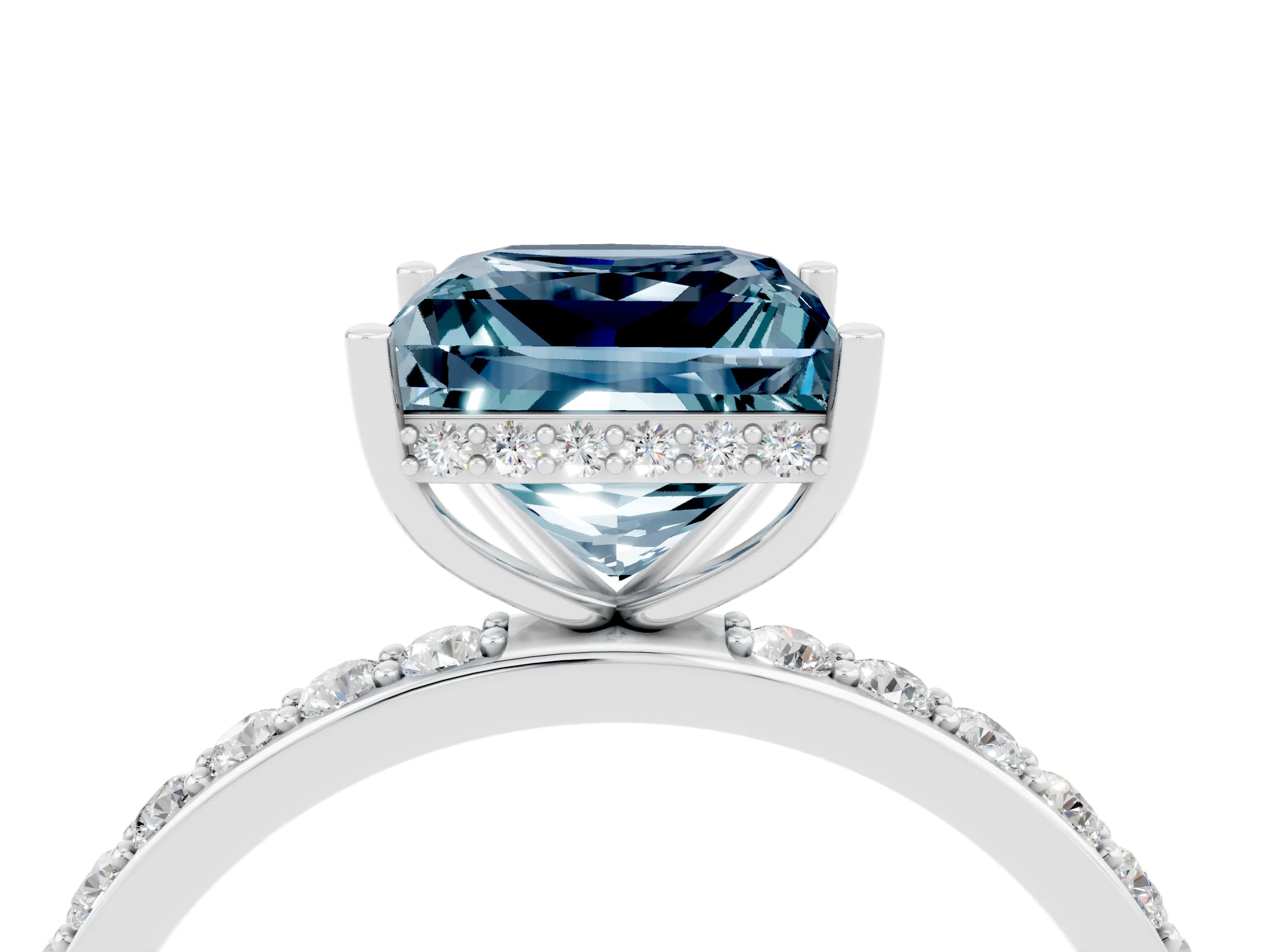 White gold Princess Cut Aquamarine Solitaire Ring with Pavé Band and Hidden Halo_4
