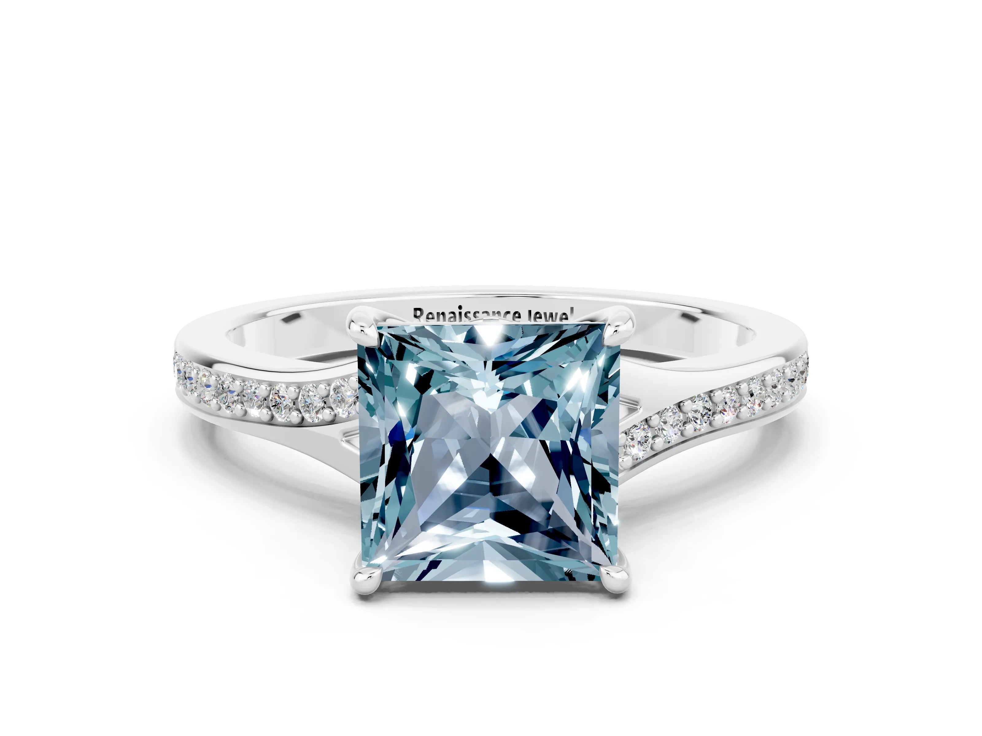 White gold Princess Cut Aquamarine Solitaire Ring with Pavé Band and Prong Setting