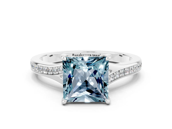 Platinum Princess Cut Aquamarine Solitaire Ring with Pavé Band and Prong Setting